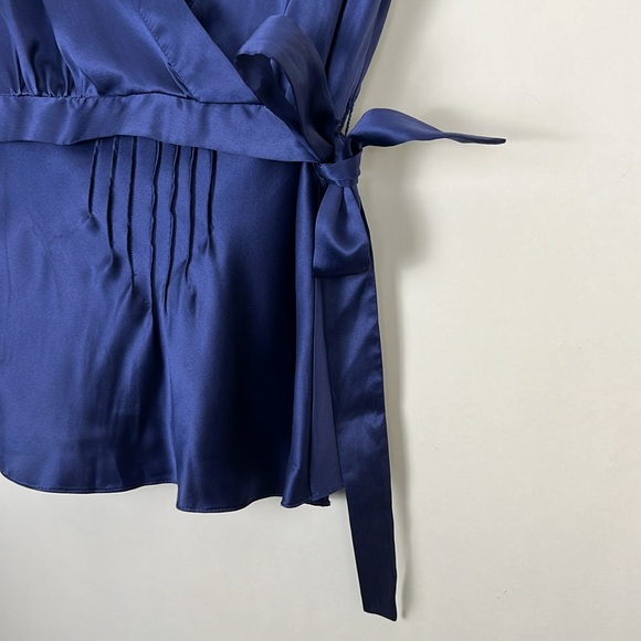 MSSP Max Studio Silk v-neck blouse cap sleeves royal blue waist tie Sz M - Picture 6 of 10